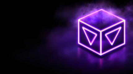 A vibrant neon cube glowing in purple light, surrounded by a mystical haze, perfect for futuristic or gaming-themed projects.