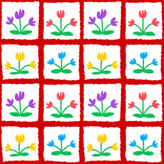 seamless doodle flower pattern tulip blooming in plaid repeatable background