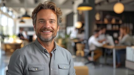 Fototapeta premium Man With Short Hair Smiling Brightly in a Modern Office Setting During Afternoon Hours