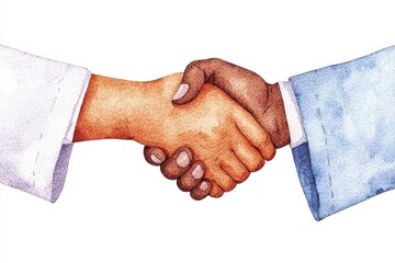 A watercolor illustration of two hands shaking, symbolizing agreement, partnership, and unity across cultures.