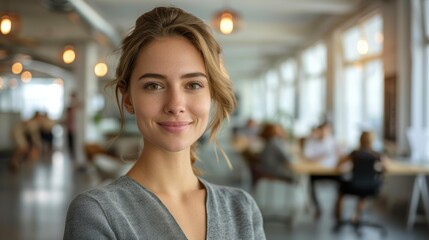 Obraz premium Smiling Young Woman in Grey Sweater in Modern Office With Colleagues Working