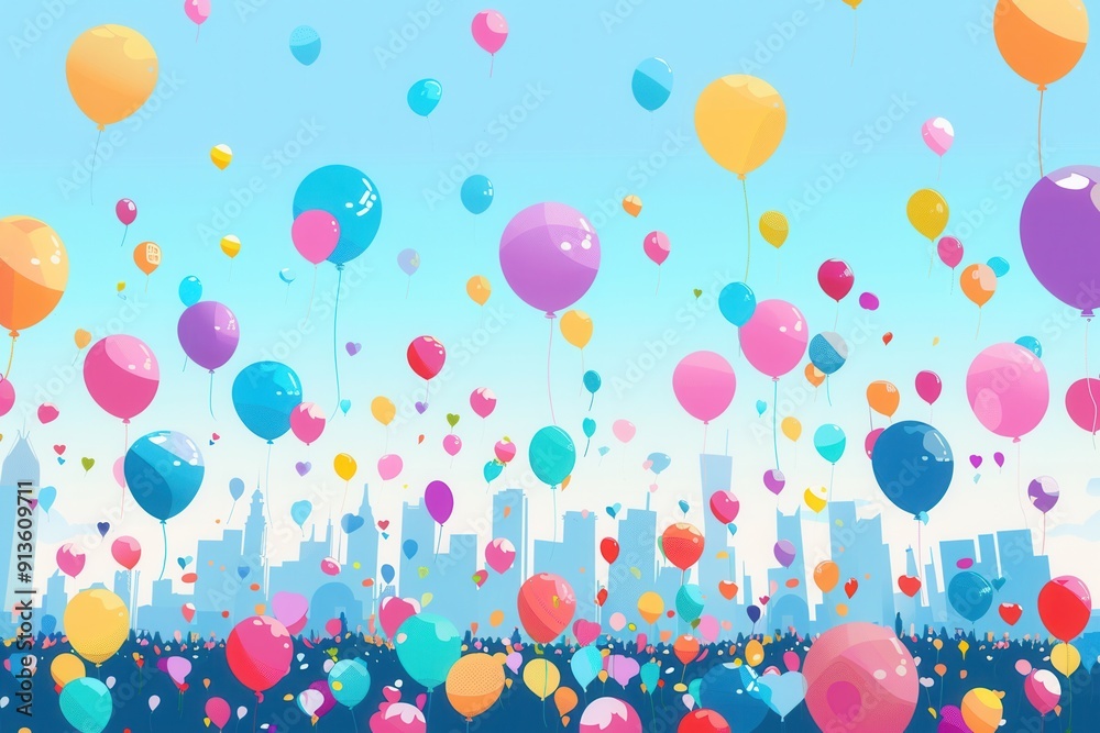 Poster a multitude of balloons floats above crowds enjoying the lively atmosphere of a festive city fair un