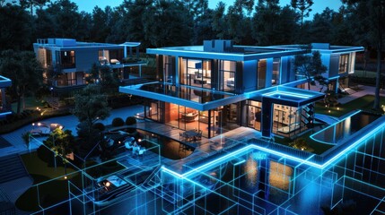 Surveillance security with AI Technology at private villa and compound, AI generated for Ads