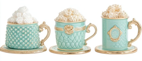 Elegant ceramic cups with whipped cream and decorative toppings in a stunning turquoise color.