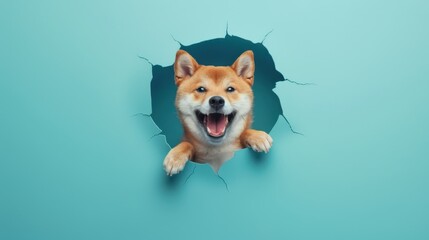 Playful Shiba Inu dog pokes head through blue paper wall, showcasing happy expression and curiosity in fun, creative studio photoshoot.