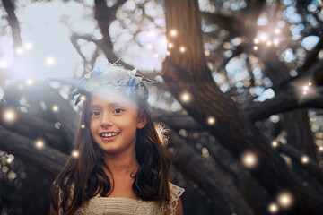 Firefly, nature and portrait of girl child with smile, forest and outdoor fairy games in light...