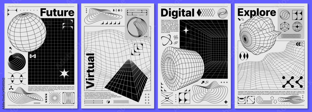 Poster Brutalism y2k posters, with retro grid and 3d abstract shapes. Vector black and white cards or backgrounds with abstract monochrome geometric surreal figures and wireframe mesh in futuristic style