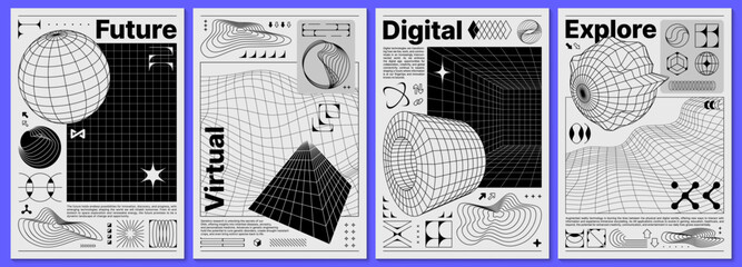 Brutalism y2k posters, with retro grid and 3d abstract shapes. Vector black and white cards or backgrounds with abstract monochrome geometric surreal figures and wireframe mesh in futuristic style © Vector Tradition
