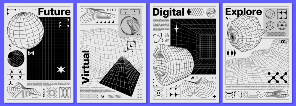 Brutalism y2k posters, with retro grid and 3d abstract shapes. Vector black and white cards or backgrounds with abstract monochrome geometric surreal figures and wireframe mesh in futuristic style