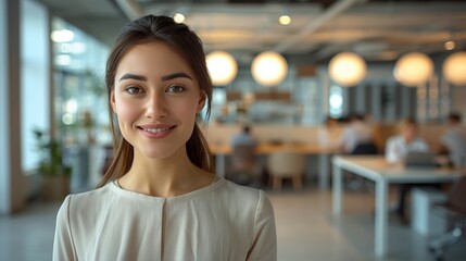Obraz premium Young Woman Smiling Happily While Working in Modern Office Space During Daylight Hours