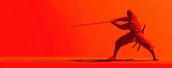 Fototapeta premium Silhouette of a ninja warrior in action with a katana sword against a red background, emphasizing strength, agility, and martial arts.