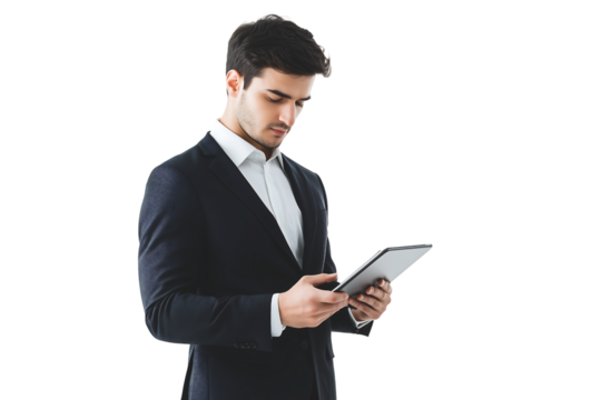 businessman standing holding a tablet in his hands on a transparent background