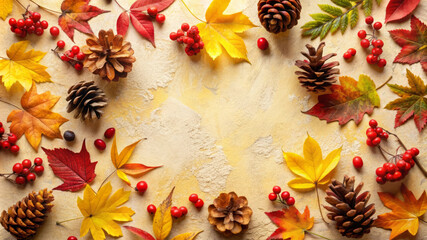 Autumnal Frame with Leaves, Berries, and Pinecones.