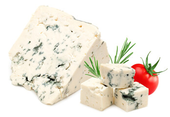 blue cheese with rosemary isolated on white background. clipping path