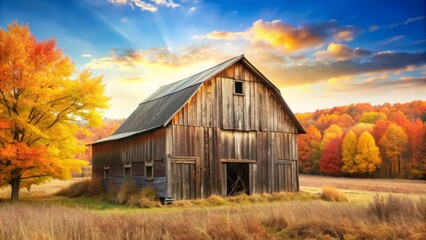 Rustic Barn in Autumn Landscape with Golden Sky.