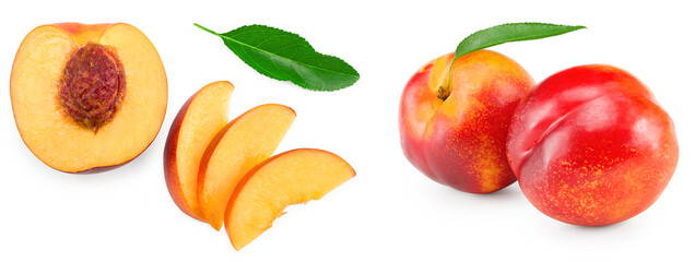 peach fruits with green leaf isolated on white background. clipping path