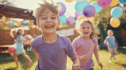 Junge im lila Shirt spielt mit anderen Kindern bei Geburtstagsfeier