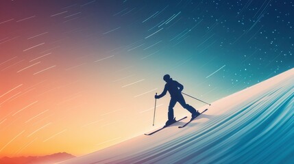 Silhouette of a skier ascending a snowy slope at sunset, with a vibrant sky blending hues of blue, orange, and pink. Dynamic and adventurous scene.