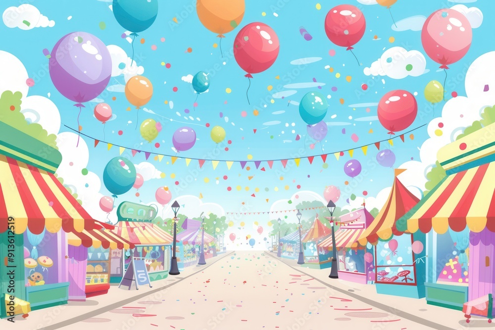 Poster balloons float above a lively festival showcasing colorful stalls, decorations, and cheerful festivi