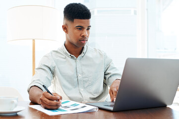 Online, document and business man at desk for proposal, project review or budget plan. Professional, media agency and African male employee with paperwork for report, startup or notes in office