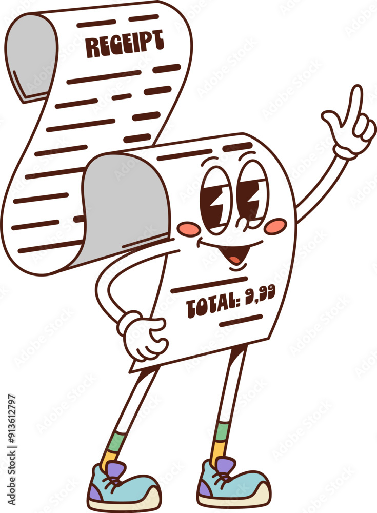 Poster retro groovy purchase receipt finance character. isolated vector playful y2k total price paper scrol