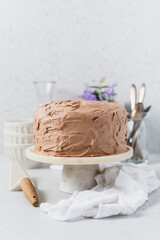 Iced chocolate cake on a cakestand