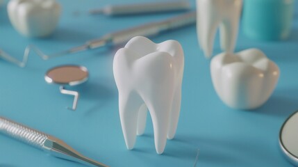 close-up of a white tooth model with various dental instruments against a blue backdrop.