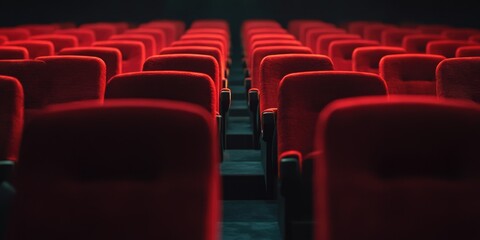 Row of Red Chairs in Dark Room
