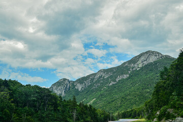 Fototapeta premium Mountain view with lush forest and cloudy sky