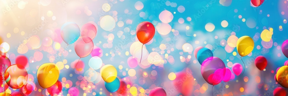 Poster A joyful array of balloons fills the sky, adding brightness to a bustling city festival filled with laughter and excitement. Generative AI