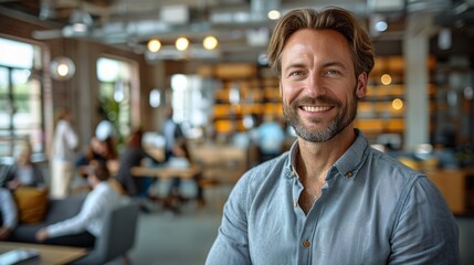 Obraz premium Smiling Professional Man Posing Confidently in Modern Office During Daytime Meeting