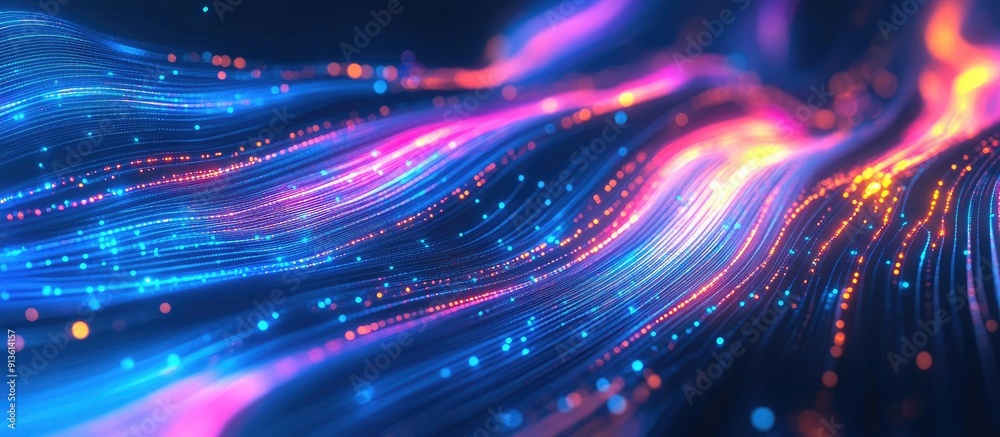 Poster vibrant neon lines flowing abstractly on dark blue background representing digital technology data n