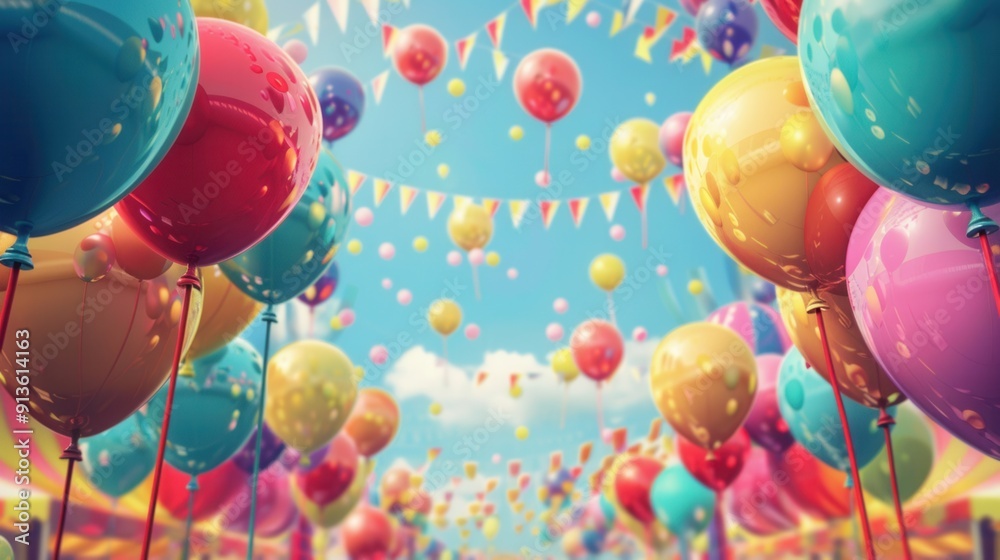 Poster colorful balloons float above a lively city festival, creating a festive atmosphere filled with joy 