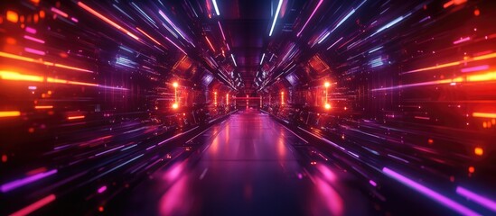 Fototapeta premium Futuristic cyberpunk background featuring a 3D rendered illustration with dark tones abstract red and orange neon lights glowing lines and violet laser lights creating a tunnel like virtual realit