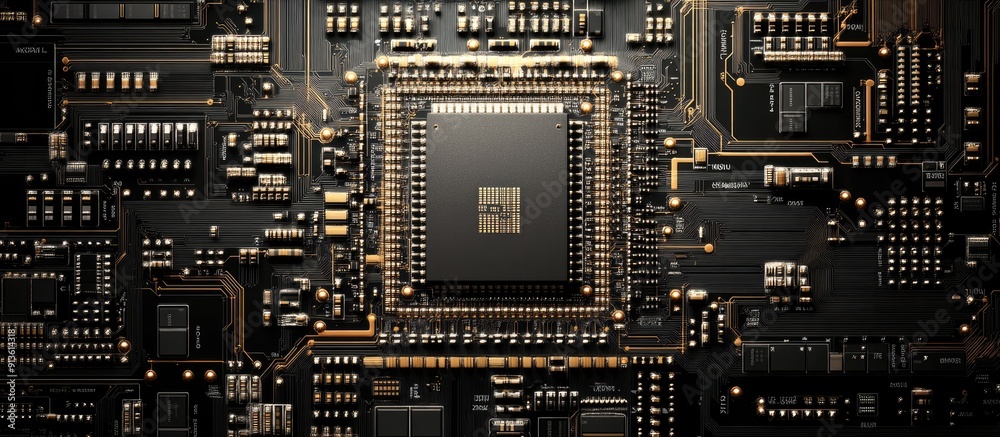 Poster microchip design featuring a central processing unit symbolizing a country s outline on a black back