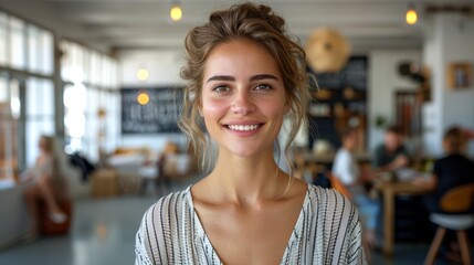 Fototapeta premium Young Woman Smiling at Camera in Bright Café With People Enjoying Their Day