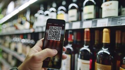 Consumer scans QR code on bottle using their smartphone while shopping for alcohol.