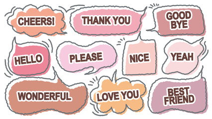 Set of cute pink color dialog box with positive word. Variety of hand draw with crayon speech bubble. Retro greeting memo doodle. Cartoon style message. Cheers, Thank you, Hello, Love, Best Friend.