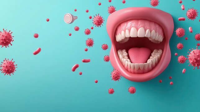 Dental Hygiene Alert - Illustration of Bacteria in the Mouth with Copy Space for Text in Flat Design Style