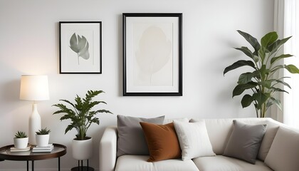 A modern living room with a white sofa, framed artwork on the wall, and a potted plant on a side table.