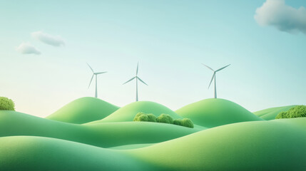 Fototapeta premium 3D rendering of cartoon green hills, a few wind turbines on the hills, in a cute style, with green grass