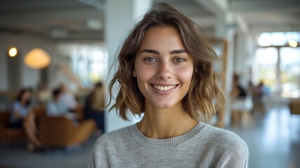 Fototapeta premium Young Woman Smiling Brightly Inside Modern Office Setting During Daytime