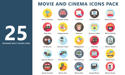 Movie and cinema rounded multi color icon set, contain clapperboard, ticket, camera, theater seats and more. vector EPS 10. use for UI, UX movie and cinema theme, app and web development.
