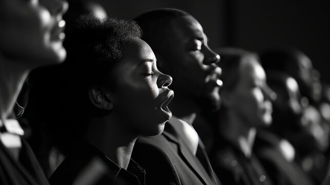 black and white photo of african american choir singing during church service, with individuals in dark suits or blouses in profile, eyes closed in prayer, capturing unity and devotion