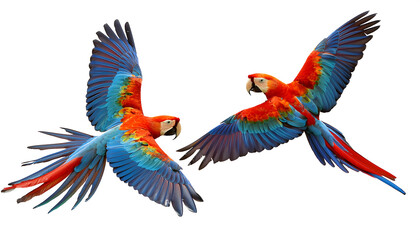 Fototapeta premium Two Colourful Parrots, a Red Macaw and a Blue and Yellow Macaw, Flying Together in a Tropic_1(334)