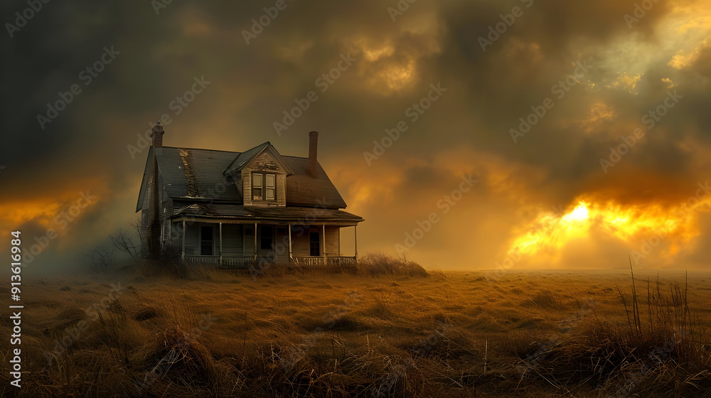 Wall mural Abandoned Farmhouse at Sunset - Digital Illustration