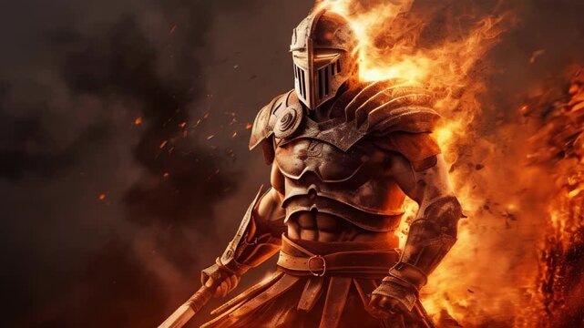 A man in a knight's armor is standing in front of a fire. The fire is very large and is surrounded by a lot of smoke. The man is holding a sword and he is ready for battle