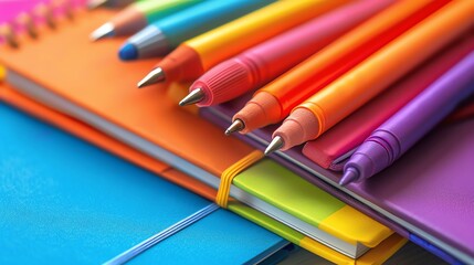 Fototapeta premium Colorful notebooks and pens for back to school close up, educational theme, vibrant, Overlay, pastel background