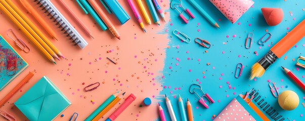 Vibrant collection of school supplies on pastel surface focus on, preparation for school, dynamic, Blend mode, pastel background