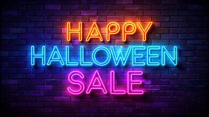 Obraz premium Neon Happy Halloween Sale sign with glowing text, perfect for attracting customers during Halloween. Features a mix of neon blue, pink, and orange colors